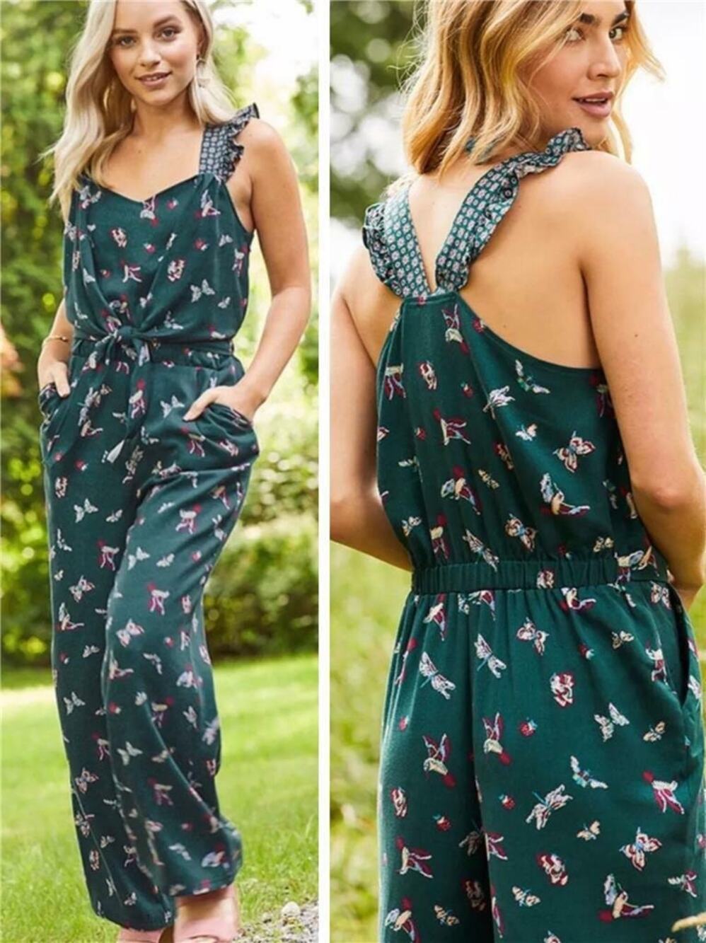 Matilda Jane Evergreen Dream Jumpsuit Teal Green Print Ruffle Sleeveless Sz S